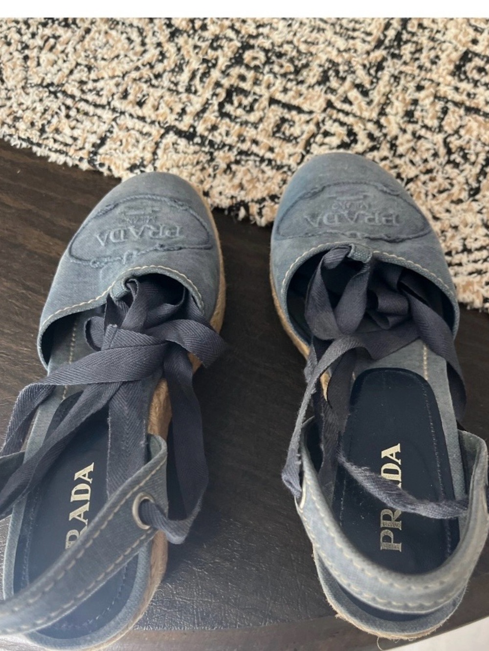 Prada Navy Canvas Espadrille Wedges with Ankle Wrap - Picture 2 of 6